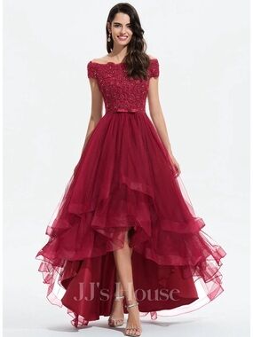 JJs House Burgundy Off-the-Shoulder High-Low Tulle Ball Gown